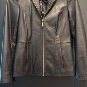 Black Leather Jacket with Gold Zipper